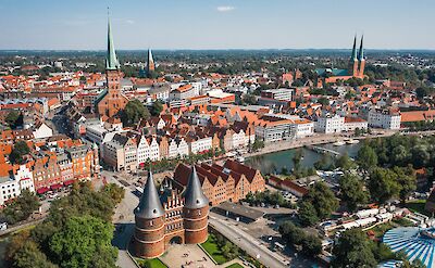 Aerial view of L&uuml;beck's UNESCO-listed Old Town. ToBBT