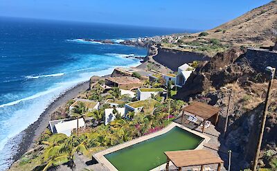 View of the swimming pool and ocean at Mamiwata Eco Village, Santo Antao, Cape Verde