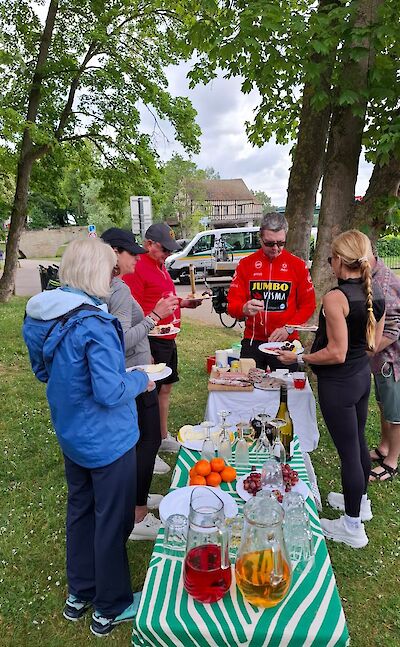 An outdoor buffet with snacks, fresh fruit, and drinks. toTN