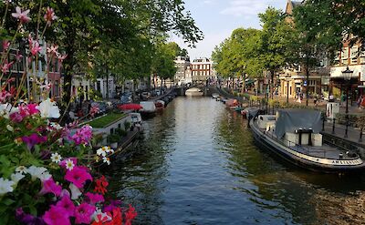A flower-lined canal in Amsterdam. unsplash:LeandroPereira