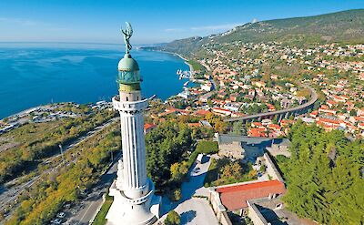 Aerial view of Trieste's Victory Lighthouse overlooking the Gulf of Trieste and Adriatic coast. cc:to