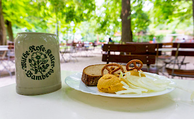 Bavarian snack at Wilde Rose Beer Garden in Bamberg, Germany. Flickr:Johannes Schwanbeck