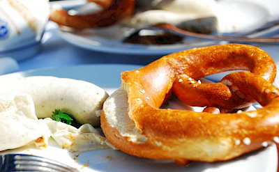 White sausages and pretzels are favorites in Bavaria, Germany. Flickr:Wang Hah