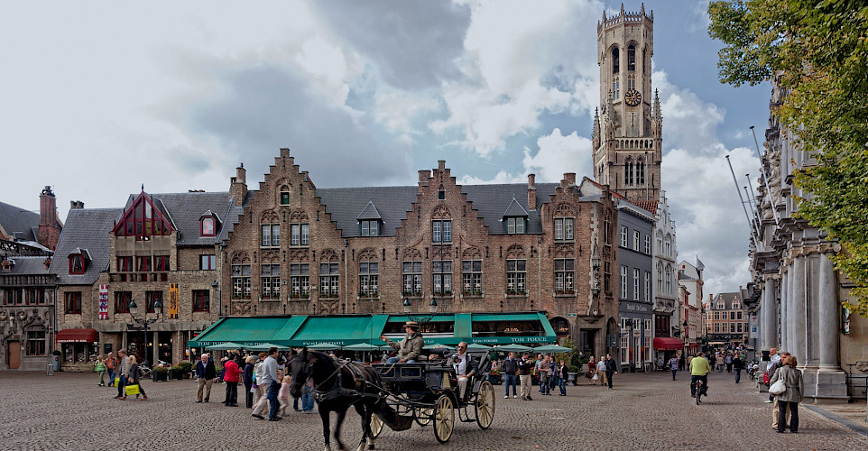 Famous square with Belfort Tower in Bruges, West Flanders, Belgium. ©Hollandfotograaf 51.208160, 3.224645