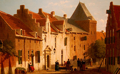 Painting by Jan Weissenbruch showing the "Muurhuizen" (wallhouses built on top of the city's first wall) in Amersfoort, Holland.