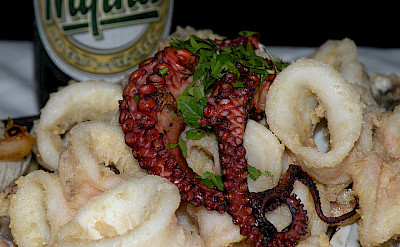 Octopus and calamari with a great local Greek beer. Flickr:Marijke Blazer
