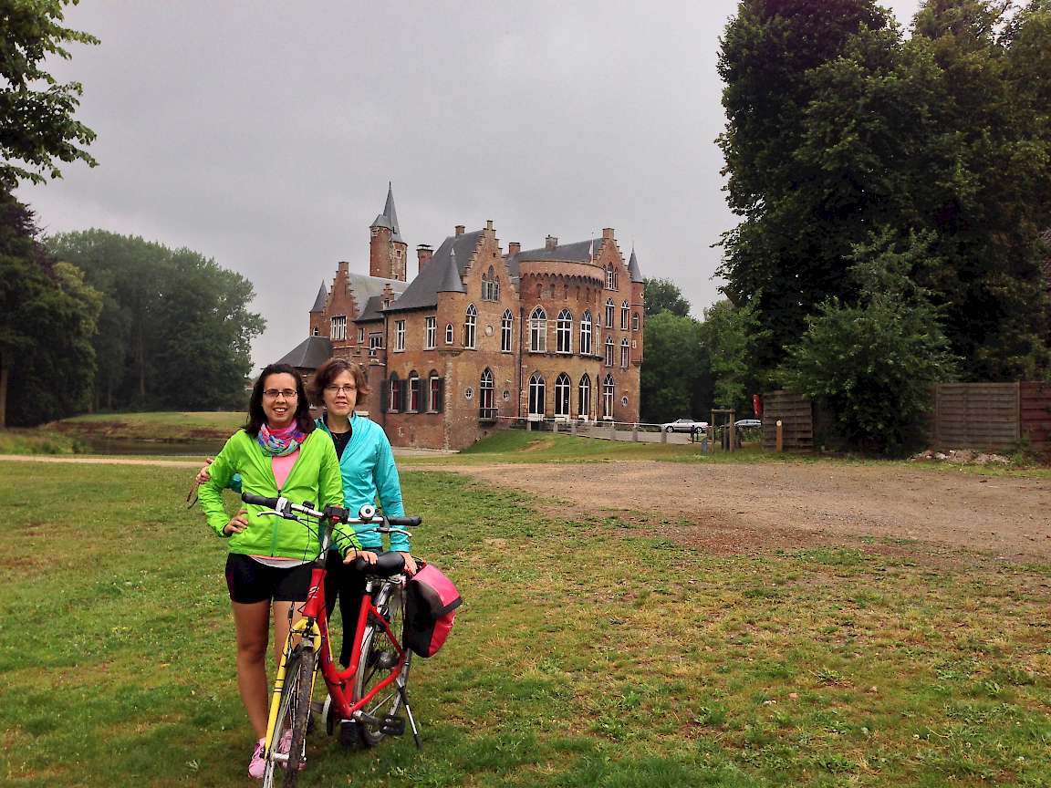 Caitlin and Nancy in front of a castle near Kruibeke, Belgium.