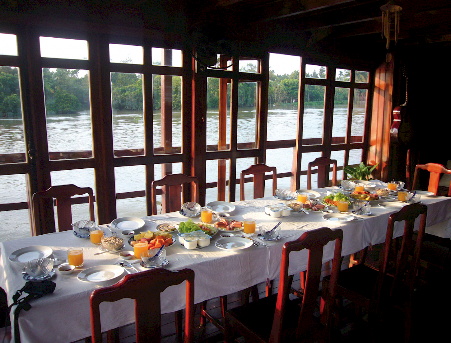 Breakfast about our Vietnamese Junks provide a beautiful view of the water.