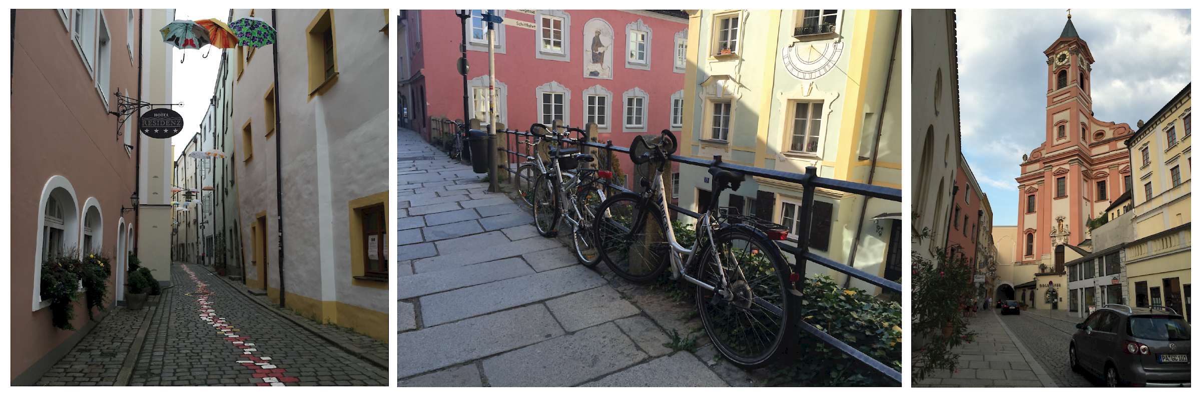 Cobbled streets and beautiful architecture in Passau.