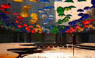 Cheonggyecheon Umbrellas over the Cheonggye Stream in Seoul, South Korea. Photo via Flickr:travel oriented
