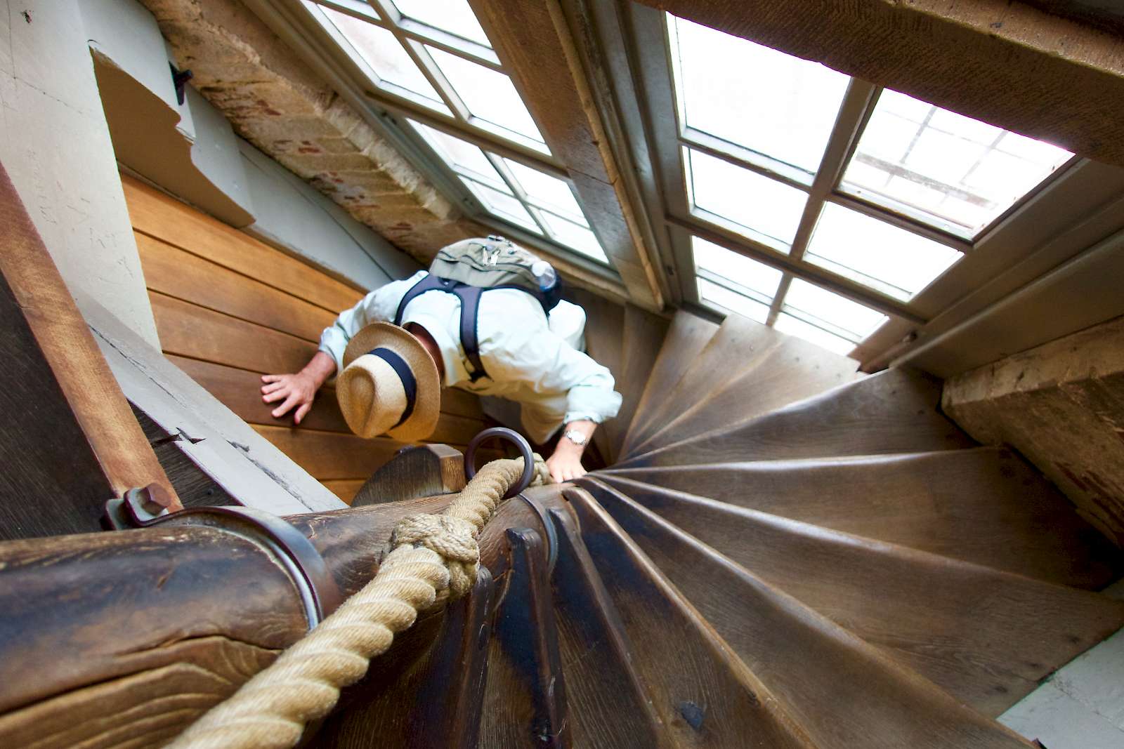 Descending from the Belfry tower on the town square