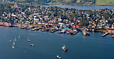 Aerial of Lunenburg on Mahone Bay, Nova Scotia, Canada. Photo via Wikimedia Commons:Jvienneau