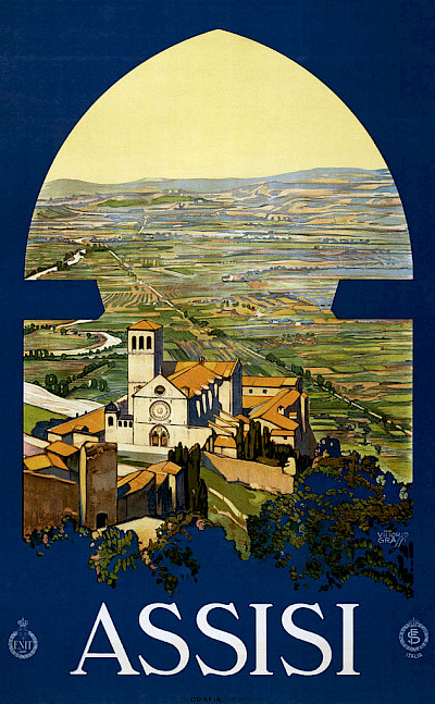 Travel poster from 1920 of Assisi. Umbria, Italy.