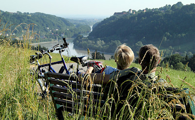 Bike rest overlooking the Danube River Path in Austria.