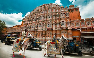 Horses trotting past a palace in Jaipur. Unsplash@Aditya Siva