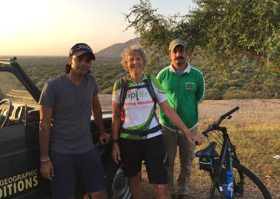 Early in the morning we hopped on our bikes for a leopard safari ride. with my tour guide and safari leader/hotel owner near Pali