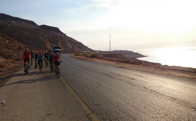 Biking on the shores of the Dead Sea, bordering Israel, Jordan and Palestine.