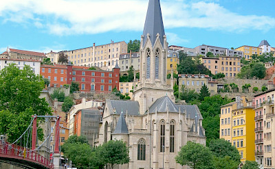 Saône River views of Église Saint-Georges in Lyon, France. Flickr:Torbahopper 