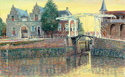 Oil painting of bridge in Zierikzee, the Netherlands by Hubertine Heijermans, 1993