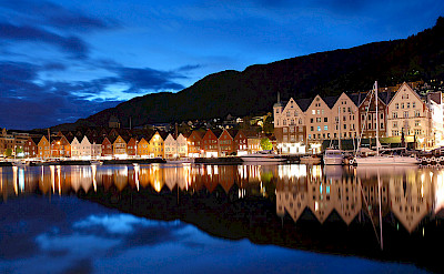Beautiful Bryggen at night in Bergen, Norway. CC:Pssmidi