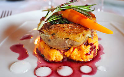 Sweet potato two ways with carrot & sage red wine reduction in Burgundy, France. Flickr:Lily H
