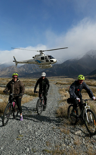 Helicopter ride drop-off to start our adventure on the New Zealand Alps to Ocean Bike Tour.