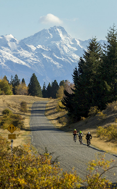Scenic backdrops on the New Zealand Alps to Ocean Bike Tour.