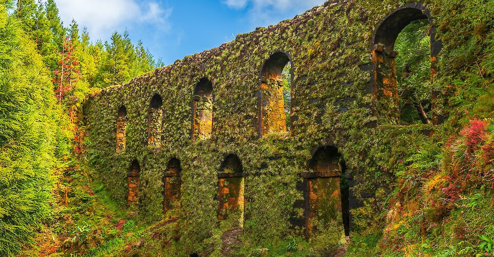 Discover the Muro das Nove Janelas, a mysterious moss-covered aqueduct nestled in the lush forests of Sao Miguel, a relic of Azorean history. Photo via AS Serenity-H