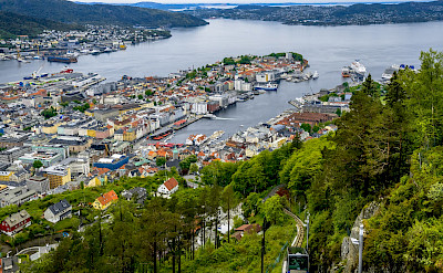 Overlooking Bergen, Norway; notice the cable car up to Mount Floyen! Flickr:dconvertini