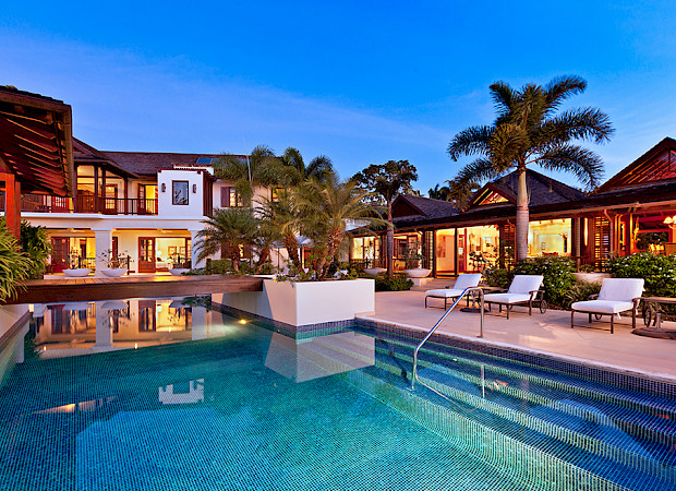 Villa Sandy Lane Feb Rear Exterior Over Pool Twilight